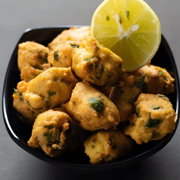 A black bowl filled with golden-brown Indian pakoras, garnished with a fresh lemon wedge.
