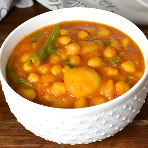 A white bowl filled with Indian chana masala, featuring chickpeas, potatoes, and green chilies.