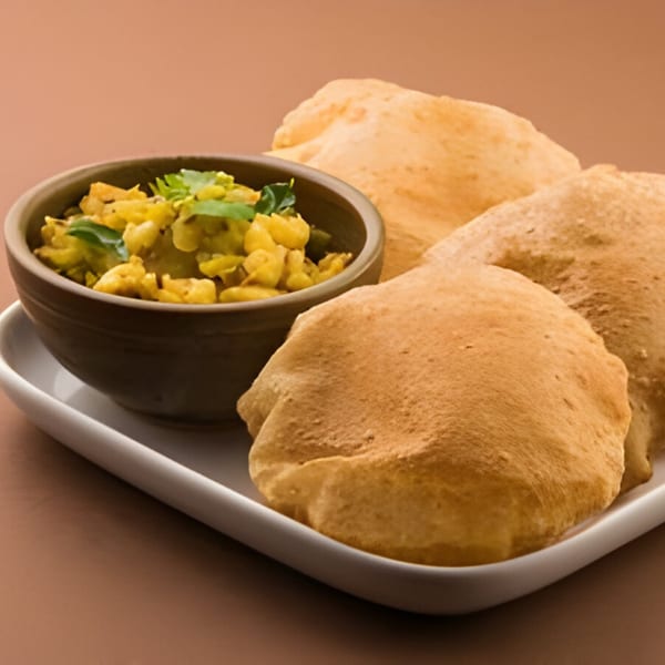 A bowl of yellow Indian curry with green herbs next to three golden-brown puri breads.