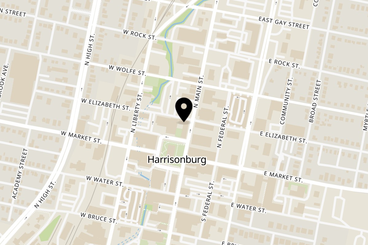 Map showing the location of Indian and American Cafe on 91 N Main St in Harrisonburg